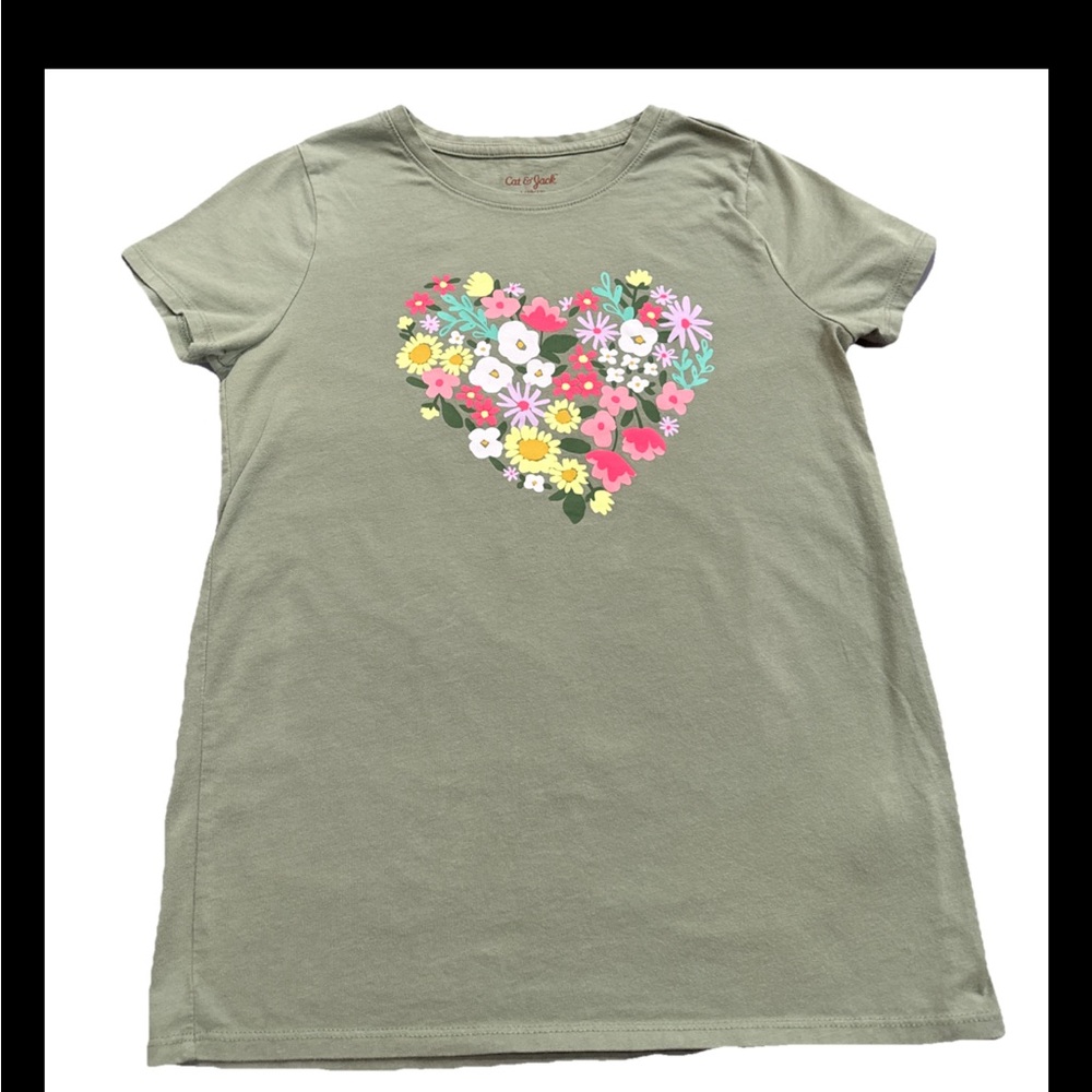Girls Green Floral Heart Tee T Shirt Large 10 12 Top Springcore Boho Casual Soft - Picture 3 of 10